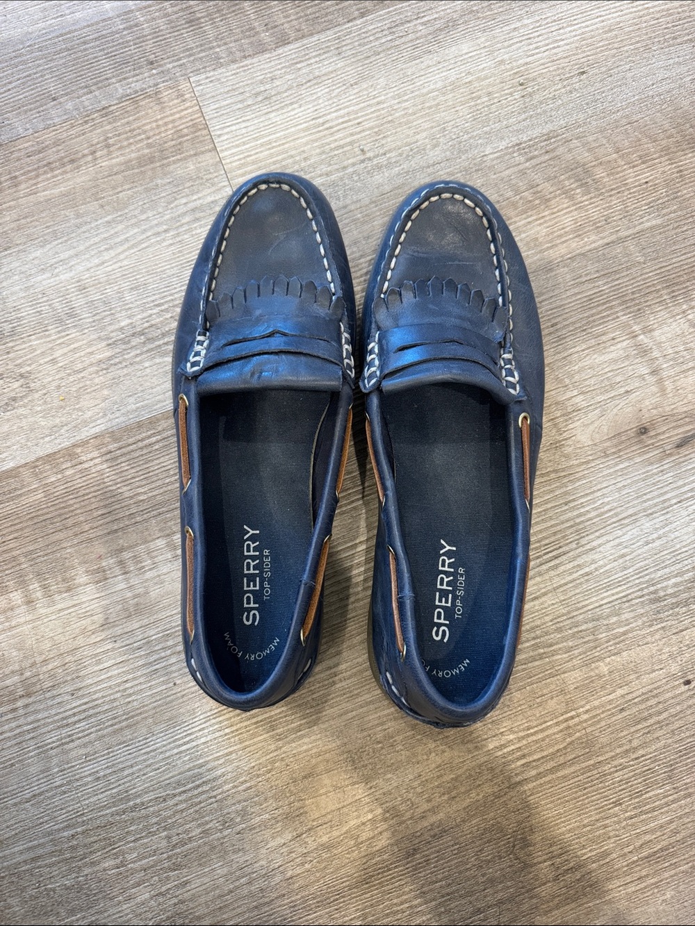 Sperry Navy Leather Kiltie Penny Loafers Brown Accents Top Siders Boat Shoes - Picture 4 of 6